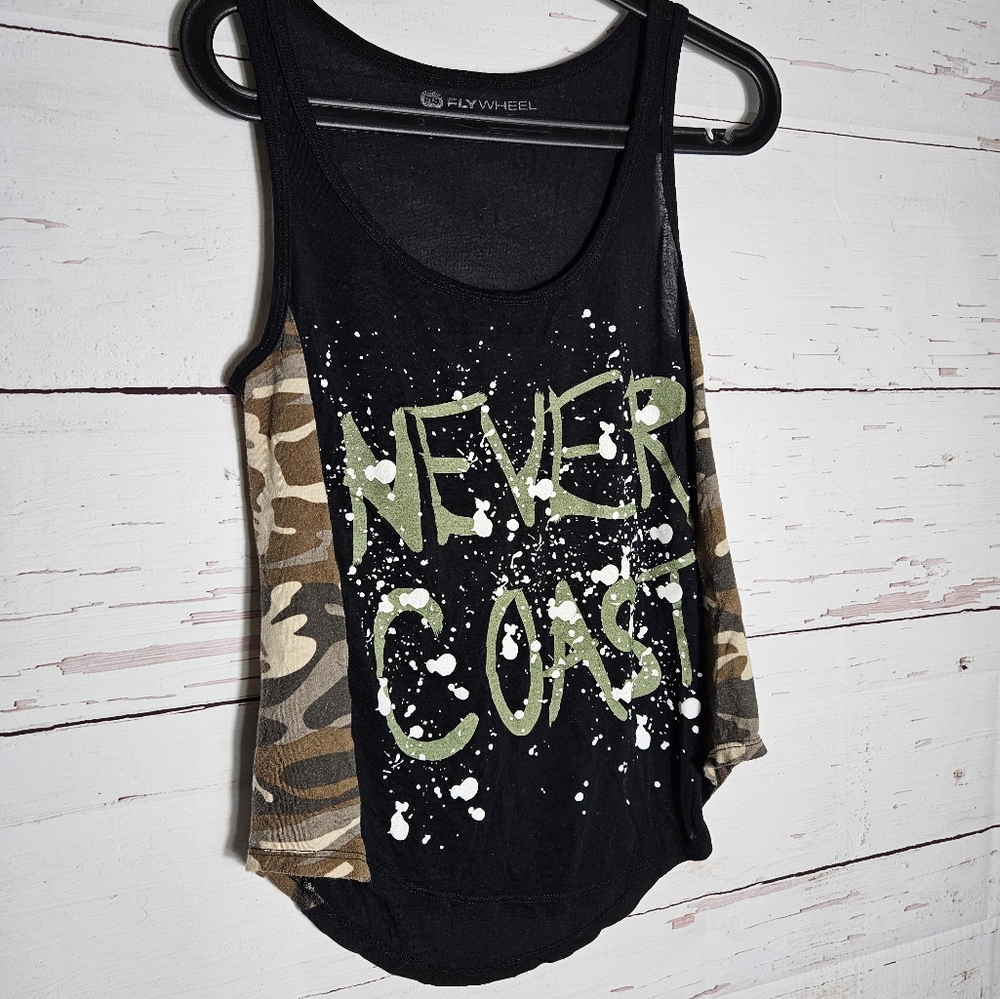 Flywheel black and camo "Never Coast" womens workout tank top size XS